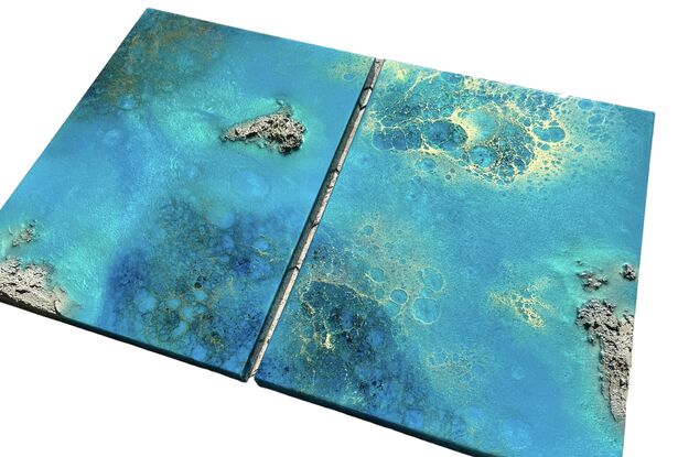 Aerial ocean painting with white sand beach, white foam waves and delicate gold accents
