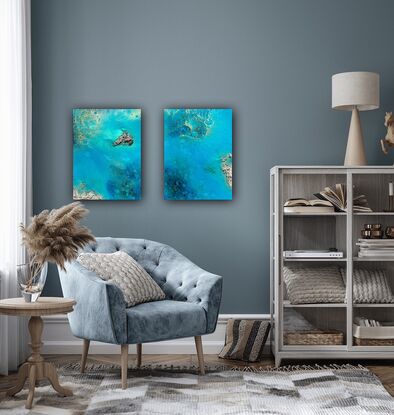 Aerial ocean painting with white sand beach, white foam waves and delicate gold accents
