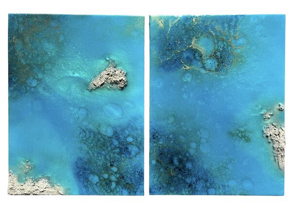 Aerial ocean painting with white sand beach, white foam waves and delicate gold accents
