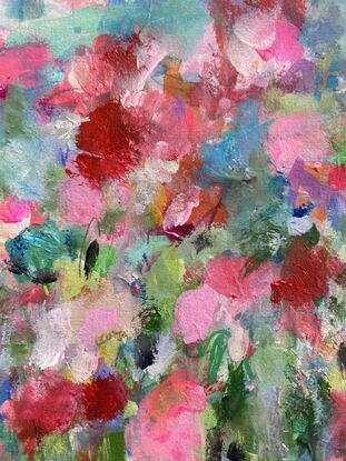 Landscape painting with abstract textured flowers on watercolour paper adorned with pinks, magenta, red, on a background of green foliage with a dreamy blue sky