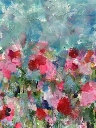 Landscape painting with abstract textured flowers on watercolour paper adorned with pinks, magenta, red, on a background of green foliage with a dreamy blue sky