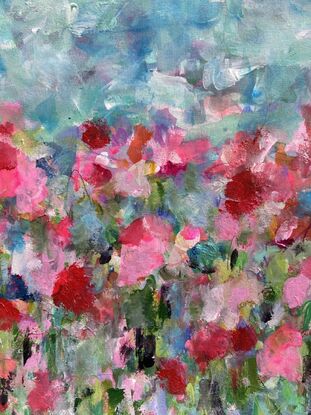 Landscape painting with abstract textured flowers on watercolour paper adorned with pinks, magenta, red, on a background of green foliage with a dreamy blue sky