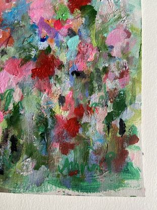 Landscape painting with abstract textured flowers on watercolour paper adorned with pinks, magenta, red, on a background of green foliage with a dreamy blue sky