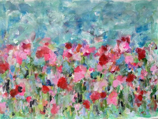 Landscape painting with abstract textured flowers on watercolour paper adorned with pinks, magenta, red, on a background of green foliage with a dreamy blue sky