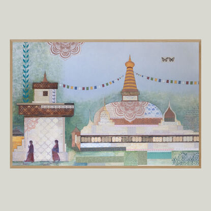 Two ladies walking around a Bhutan Buddhist Temple. Pastel Colours. Collage Art.