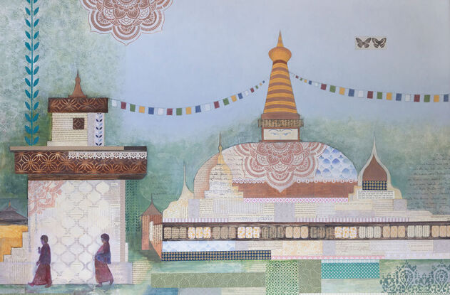 Two ladies walking around a Bhutan Buddhist Temple. Pastel Colours. Collage Art.