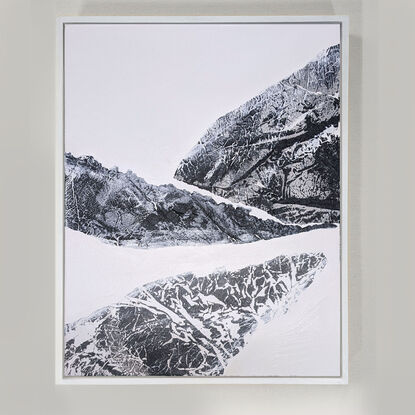 A black and white abstract landscape of moountains