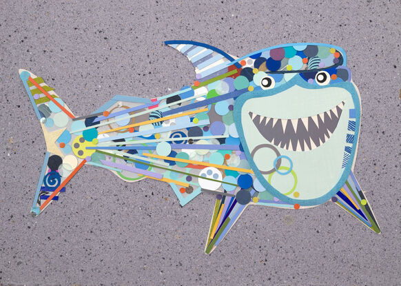 Cartoon like collage of a great white shark grinning