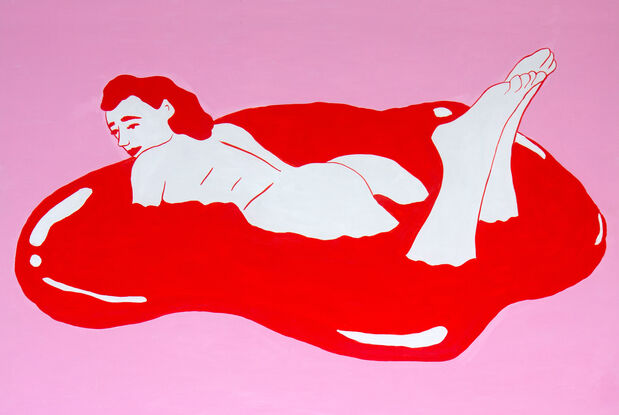 image description: a female presenting figure lying stomach down in a pool of red liquid, her body is facing away from the audience and she’s looking to the side. Colours are red and pink