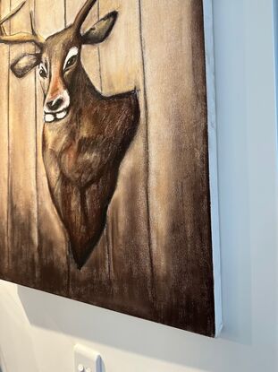 A deer bust hanging on a cabin wall