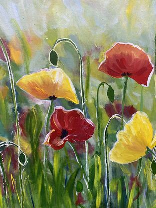 A field of poppies bathed in sunlight. The yellow and red flowers pop against the green fields and grasses and the light captures each bloom to elevate its beauty. This is a perfect spring day painting portrayed in a modern impressionist style. 