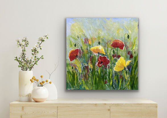 A field of poppies bathed in sunlight. The yellow and red flowers pop against the green fields and grasses and the light captures each bloom to elevate its beauty. This is a perfect spring day painting portrayed in a modern impressionist style. 