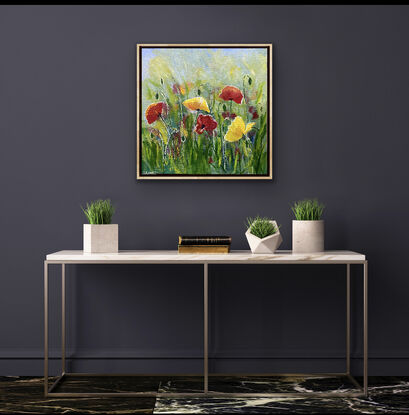 A field of poppies bathed in sunlight. The yellow and red flowers pop against the green fields and grasses and the light captures each bloom to elevate its beauty. This is a perfect spring day painting portrayed in a modern impressionist style. 