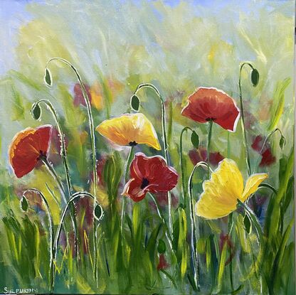 A field of poppies bathed in sunlight. The yellow and red flowers pop against the green fields and grasses and the light captures each bloom to elevate its beauty. This is a perfect spring day painting portrayed in a modern impressionist style. 