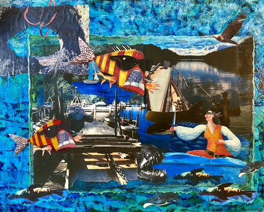 Boats, fish, birds, reflecting blue water with surreal striped fish in sunglasses and a lady pirate.