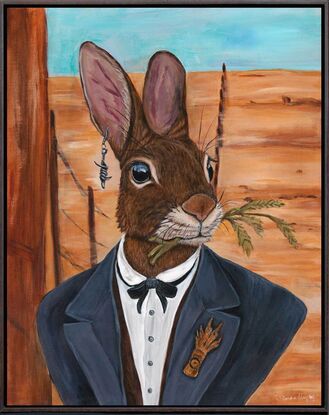 Anthropomorphic  portrait of Thomas Austin, Rabbit, barbed wire ear ring and rabbit fence.  Australian baron landscape
