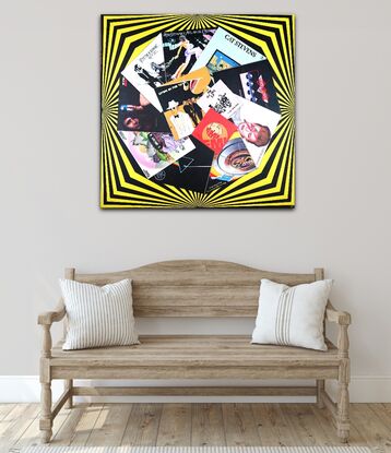 A circular array of record covers on a groovy black and yellow floor mat from the 1970s