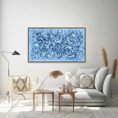 Blue silver seashells abstract coastal textured painting with 3D dimensions