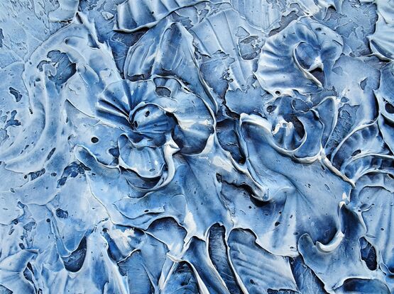 Blue silver seashells abstract coastal textured painting with 3D dimensions