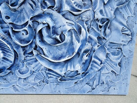 Blue silver seashells abstract coastal textured painting with 3D dimensions