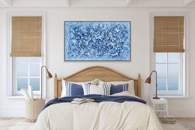 Blue silver seashells abstract coastal textured painting with 3D dimensions