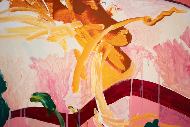 A colourful abstract painting with different shades of pink and splashes and drips of green and orange/gold. A wavy red line going across the centre
