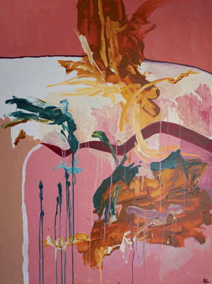 A colourful abstract painting with different shades of pink and splashes and drips of green and orange/gold. A wavy red line going across the centre
