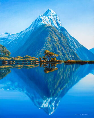 snow capped mitre peak milford sound new zealand realism  oil painting by nicola mcleay