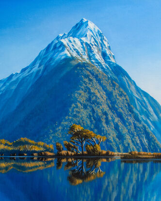 snow capped mitre peak milford sound new zealand realism  oil painting by nicola mcleay