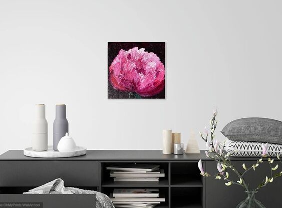 Pink and white peony on a black background. Brightly coloured with crimson centres and highly textured using medium for extra emphasis.