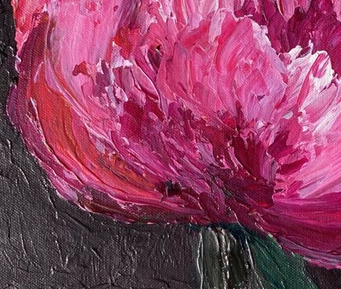 Pink and white peony on a black background. Brightly coloured with crimson centres and highly textured using medium for extra emphasis.