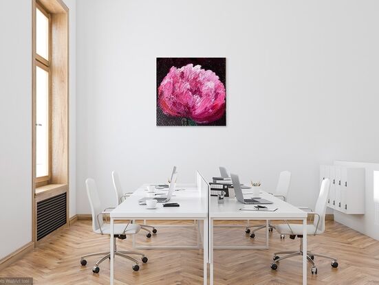 Pink and white peony on a black background. Brightly coloured with crimson centres and highly textured using medium for extra emphasis.