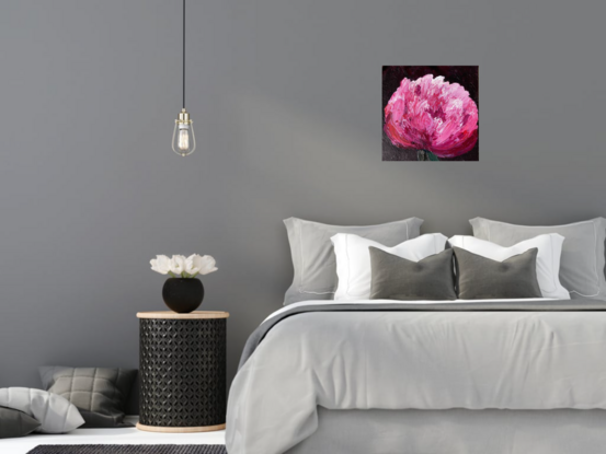 Pink and white peony on a black background. Brightly coloured with crimson centres and highly textured using medium for extra emphasis.