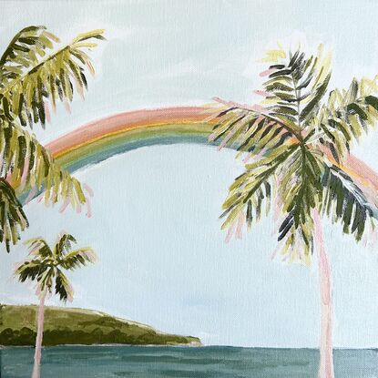 The beach sky with Rainbow and palms