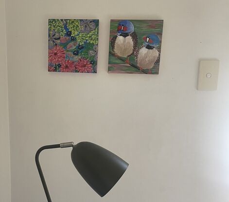 2 small pieces that can sit together or alone. One is a bright painting of two cute finches and the other is a pop of fun colourful spring flowers.