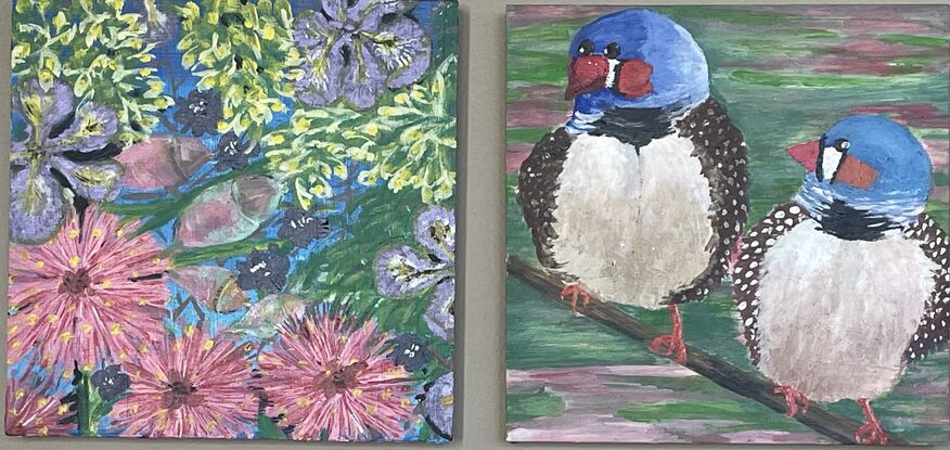 2 small pieces that can sit together or alone. One is a bright painting of two cute finches and the other is a pop of fun colourful spring flowers.