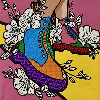 Acrylic painting  of a  colourful Doc Martens shoe design with black and white flowers and using paint markers creating intricate patterns and bold black outlines on a pink and yellow background