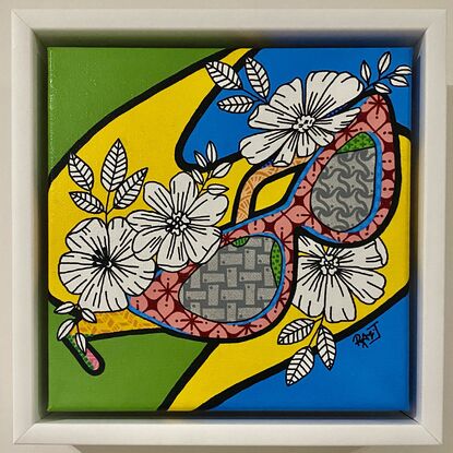 Acrylic painting  of a  colourful cat eye glasses design with black and white flowers and using paint markers creating intricate patterns and bold black outlines on a green, blue and yellow background