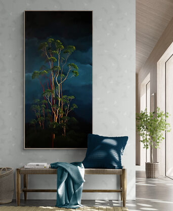 Oil painting, landscape, Australiana, ghost gum trees, large statement art,  deep teal sky and clouds, portrait orientation