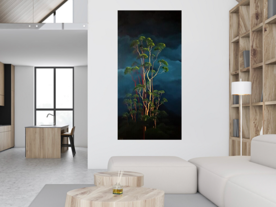 Oil painting, landscape, Australiana, ghost gum trees, large statement art,  deep teal sky and clouds, portrait orientation