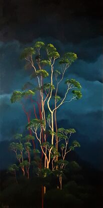 Oil painting, landscape, Australiana, ghost gum trees, large statement art,  deep teal sky and clouds, portrait orientation