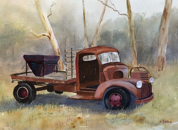 Old truck in field painted with gouache and watercolour.  Requires framing