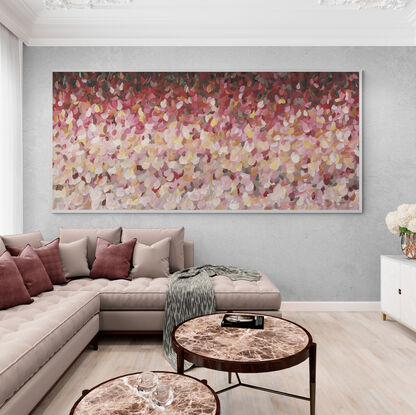 large colourful abstract canvas print of an impressionist style landscape of pink flowers in bloom