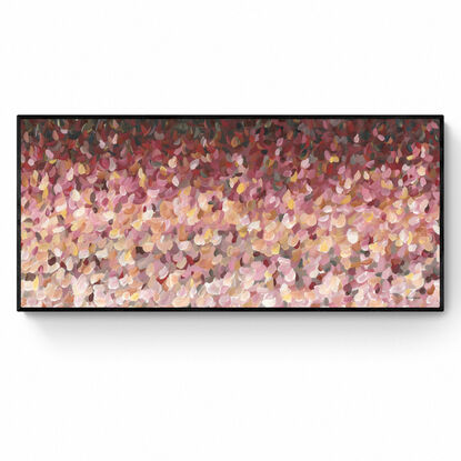 large colourful abstract canvas print of an impressionist style landscape of pink flowers in bloom