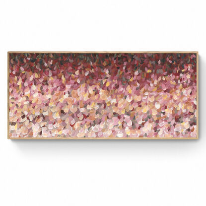 large colourful abstract canvas print of an impressionist style landscape of pink flowers in bloom