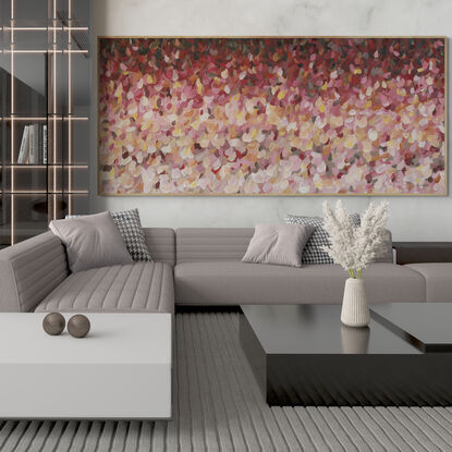 large colourful abstract canvas print of an impressionist style landscape of pink flowers in bloom