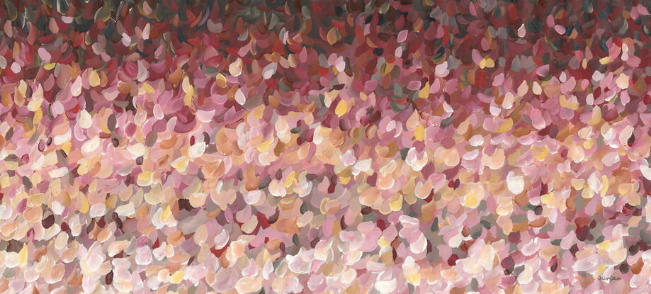 large colourful abstract canvas print of an impressionist style landscape of pink flowers in bloom