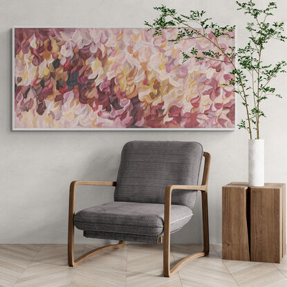 large colourful abstract canvas print of an impressionist style landscape of pink flowers in bloom