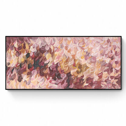 large colourful abstract canvas print of an impressionist style landscape of pink flowers in bloom