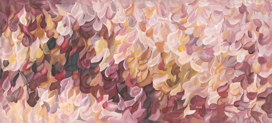 large colourful abstract canvas print of an impressionist style landscape of pink flowers in bloom